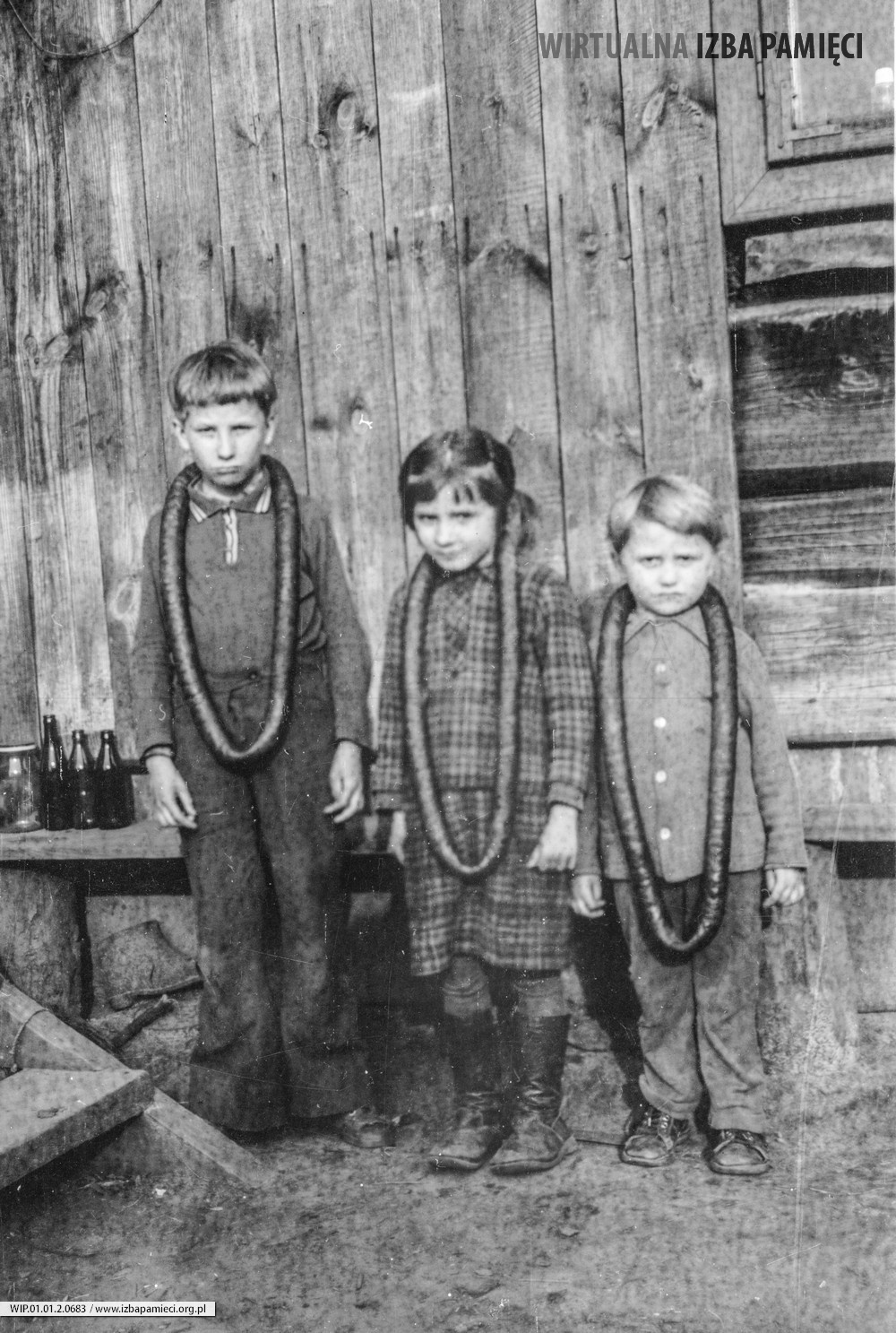 Lata 70. XX wieku. Dzieci Franciszka Hubacza z Mołodycza z kiełbasami na szyi