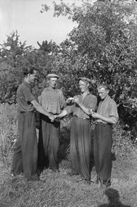 Lata 50. XX wieku. Czterech kolegów z Mołodycza w czasie dzielenia się papierosami